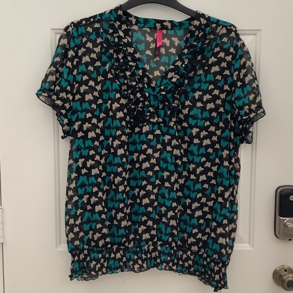 Xhilaration Women's Sheer Butterfly Print Blouse Ruffle V Neck‎ Elastic Waist 4X